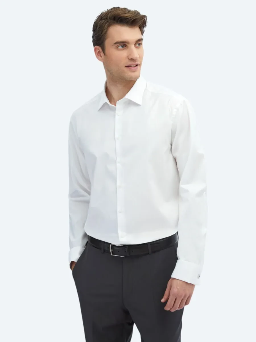 White Plain Regular Fit Weaving Classical 100% Cotton Shirt - 1