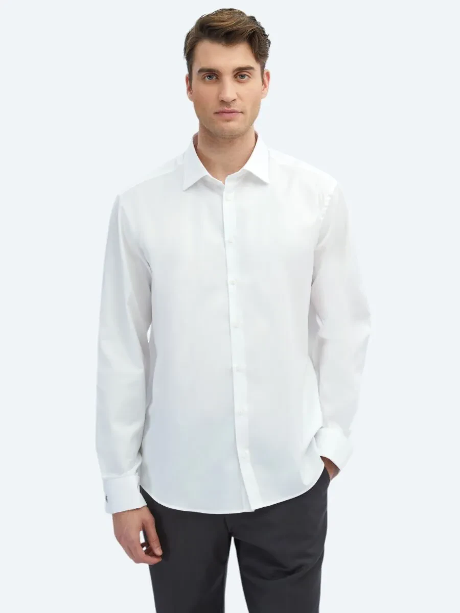 White Plain Regular Fit Weaving Classical 100% Cotton Shirt - 3