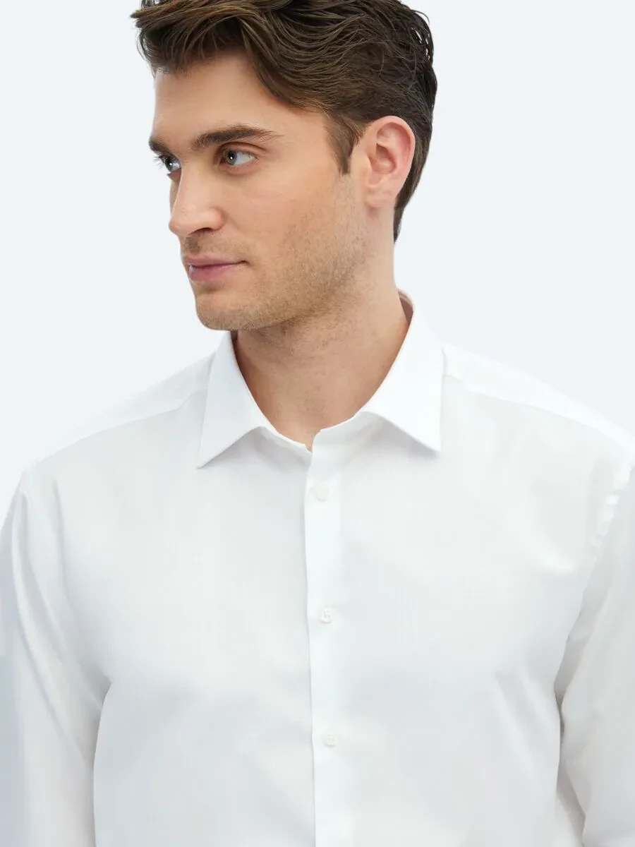 White Plain Regular Fit Weaving Classical 100% Cotton Shirt - 4