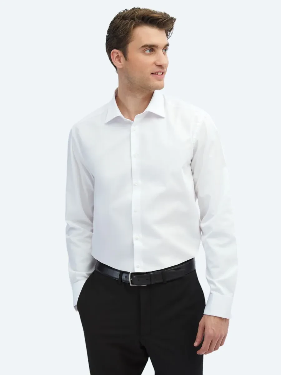 White Plain Regular Fit Weaving Classical 100% Cotton Shirt - 1