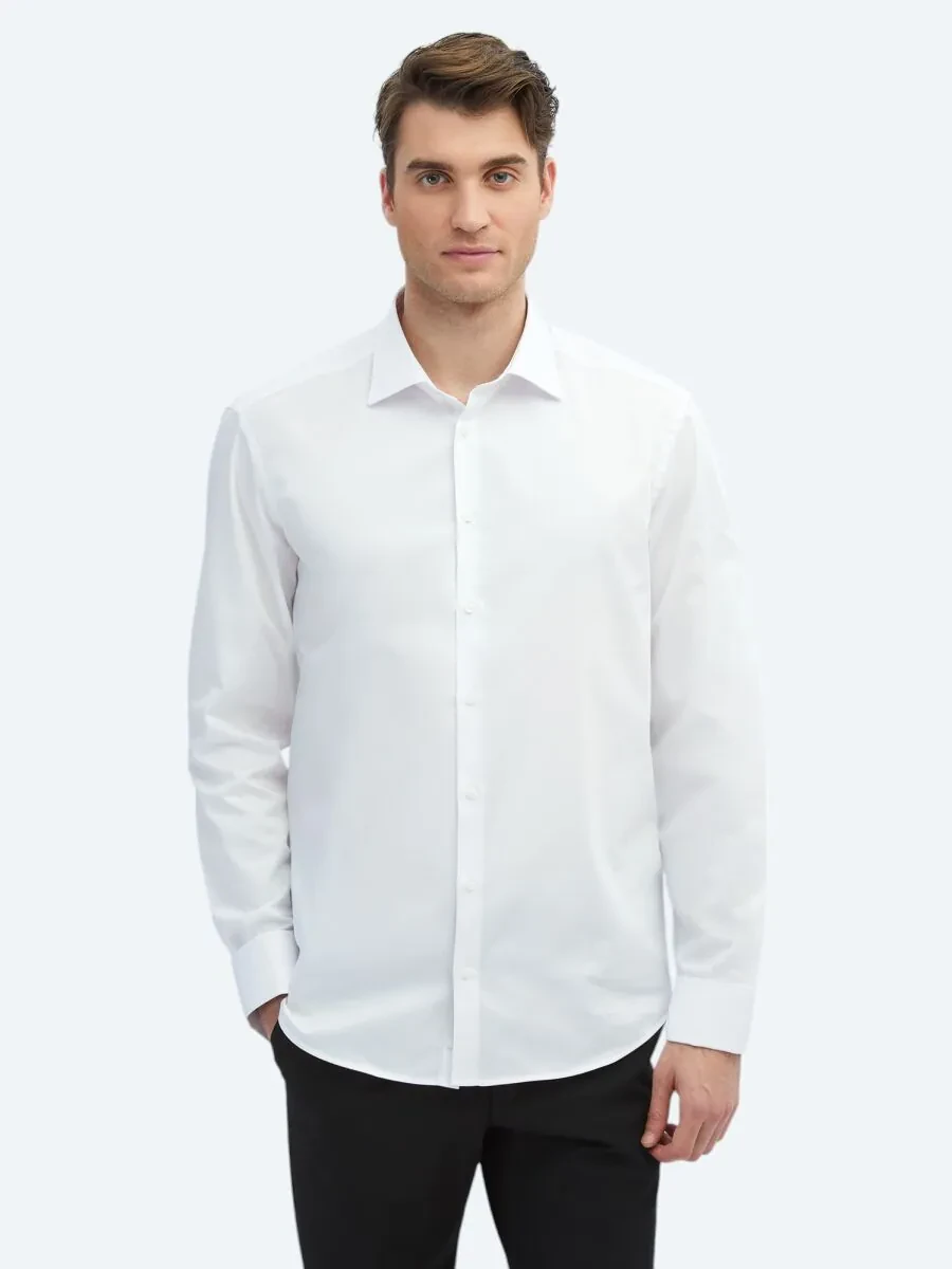 White Plain Regular Fit Weaving Classical 100% Cotton Shirt - 3