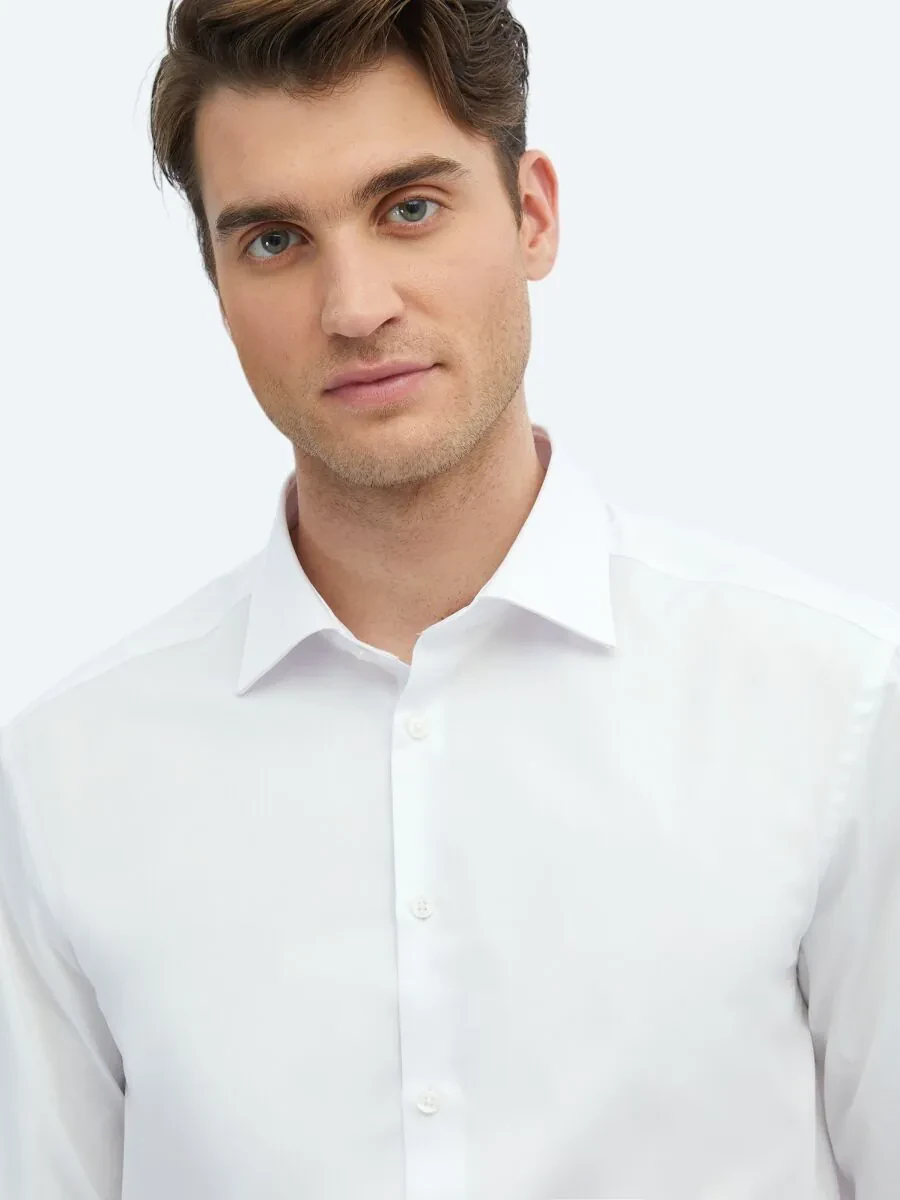 White Plain Regular Fit Weaving Classical 100% Cotton Shirt - 4