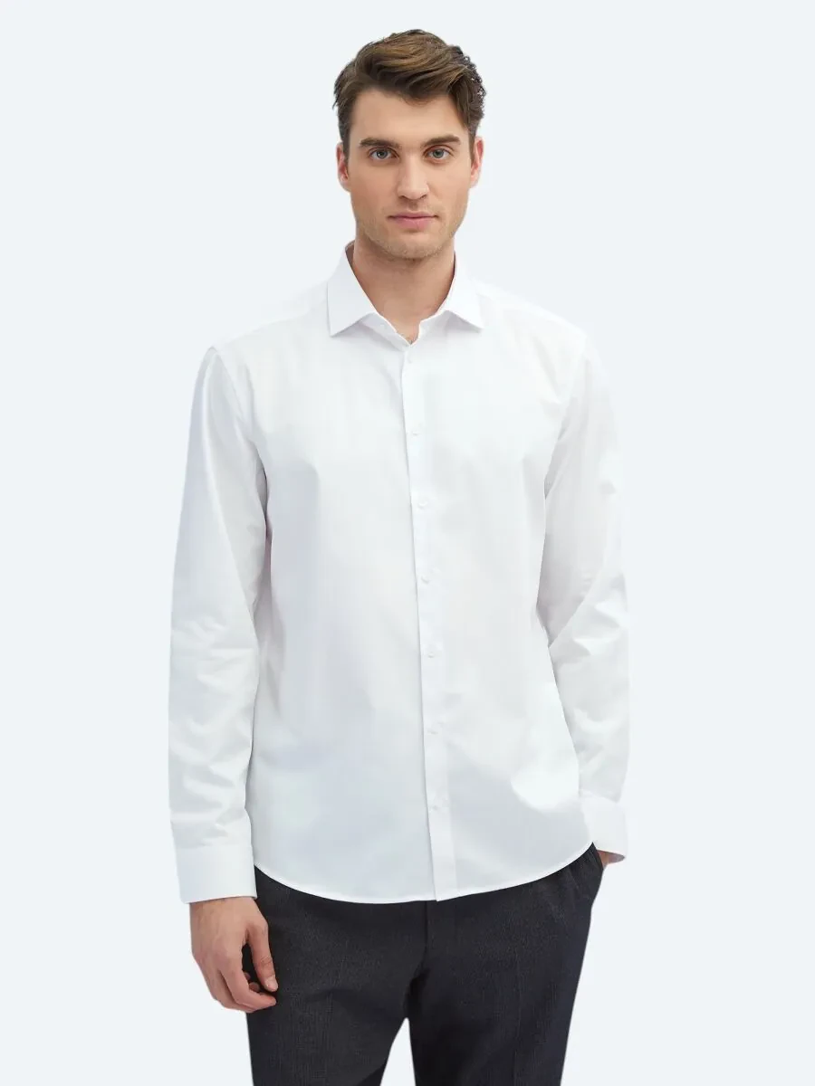 White Plain Regular Fit Weaving Classical 100% Cotton Shirt - 2