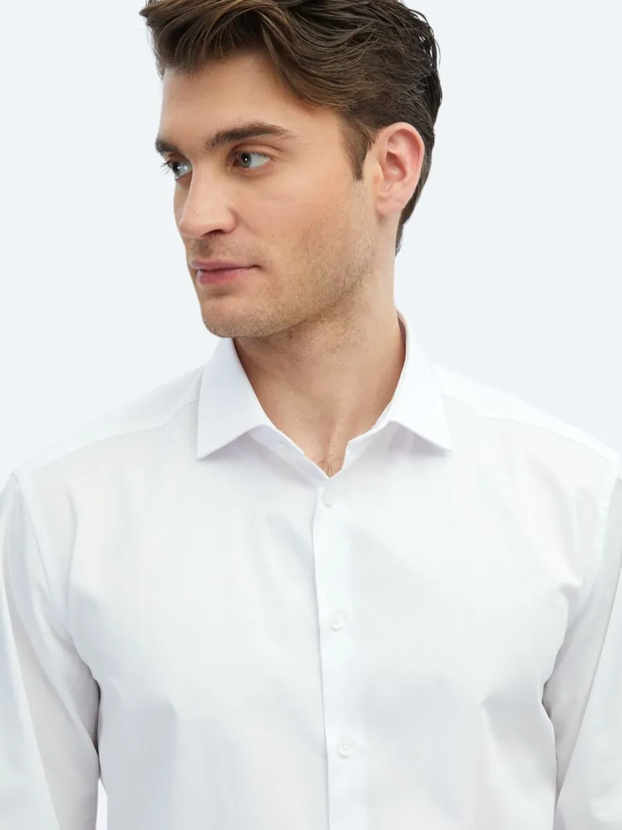 White Plain Regular Fit Weaving Classical 100% Cotton Shirt - 3