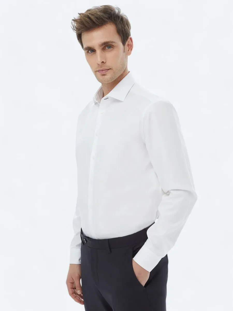 White Plain Regular Fit Weaving Classical 100% Cotton Shirt - 1