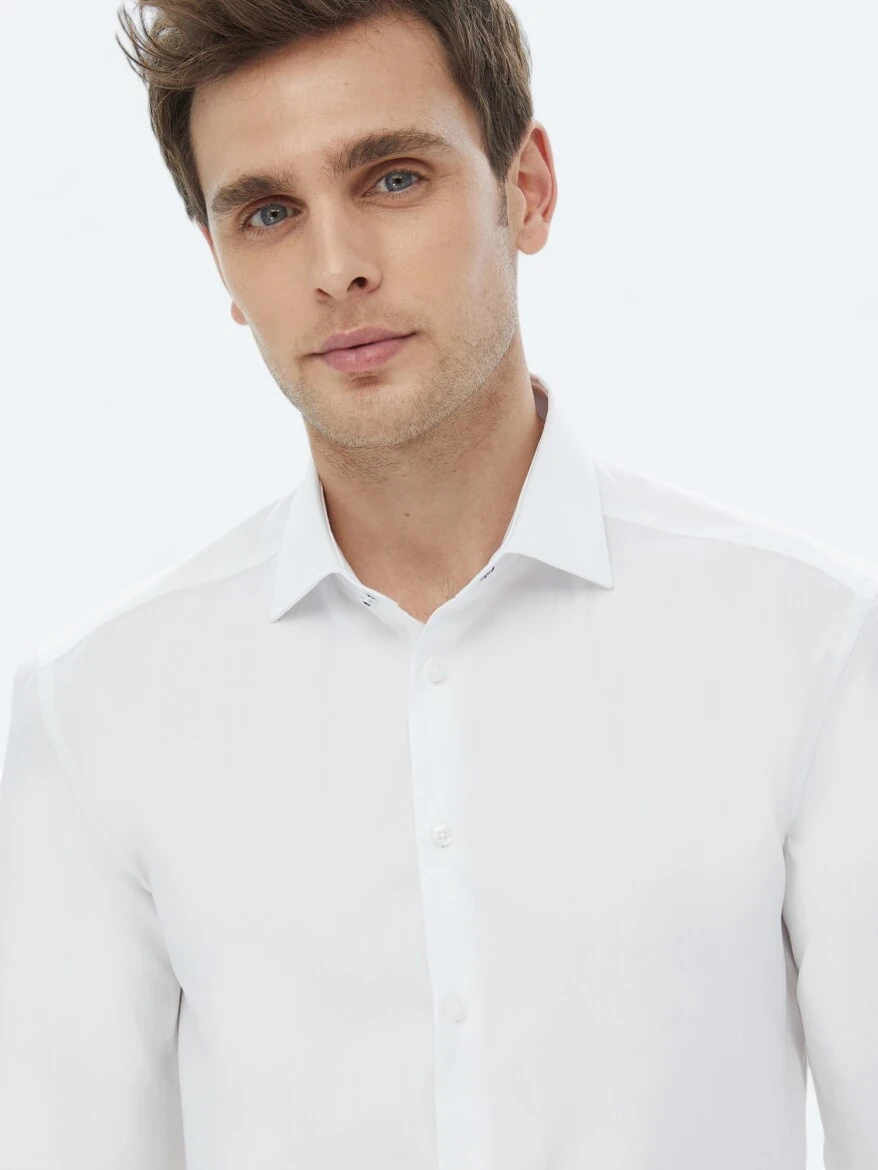 White Plain Regular Fit Weaving Classical 100% Cotton Shirt - 2