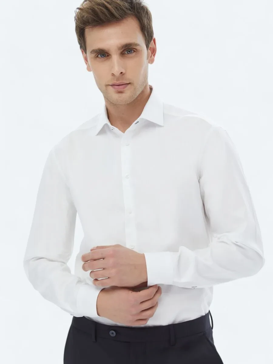 White Plain Regular Fit Weaving Classical 100% Cotton Shirt - 3