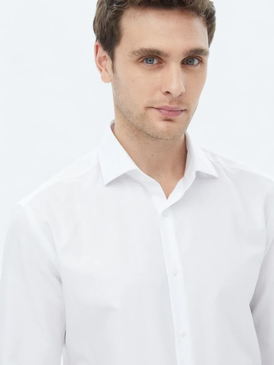 White Plain Regular Fit Weaving Classical Cotton Blended Shirt - 1
