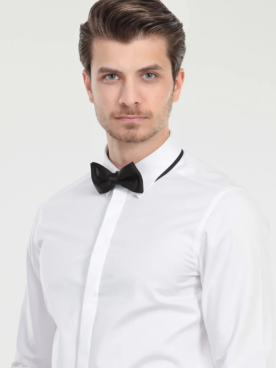 White Plain Slim Fit Double Cuff Classic Collar Tuxedo Shirts - 1