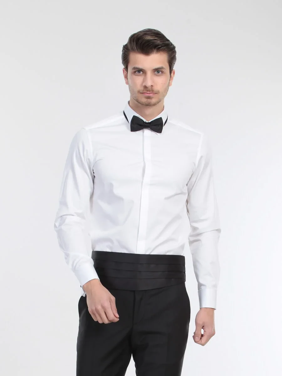 White Plain Slim Fit Double Cuff Classic Collar Tuxedo Shirts - 2