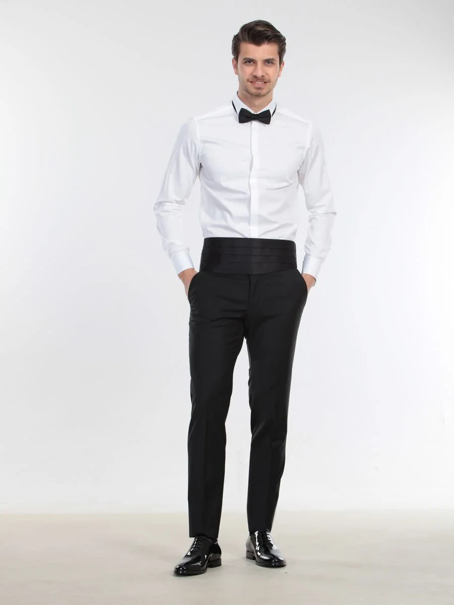 White Plain Slim Fit Double Cuff Classic Collar Tuxedo Shirts - 3