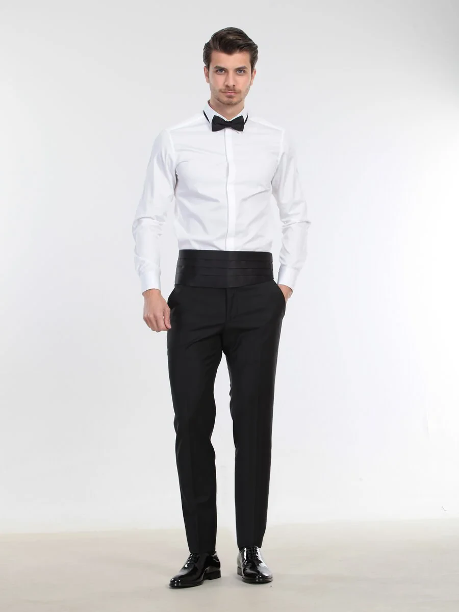 White Plain Slim Fit Double Cuff Classic Collar Tuxedo Shirts - 4