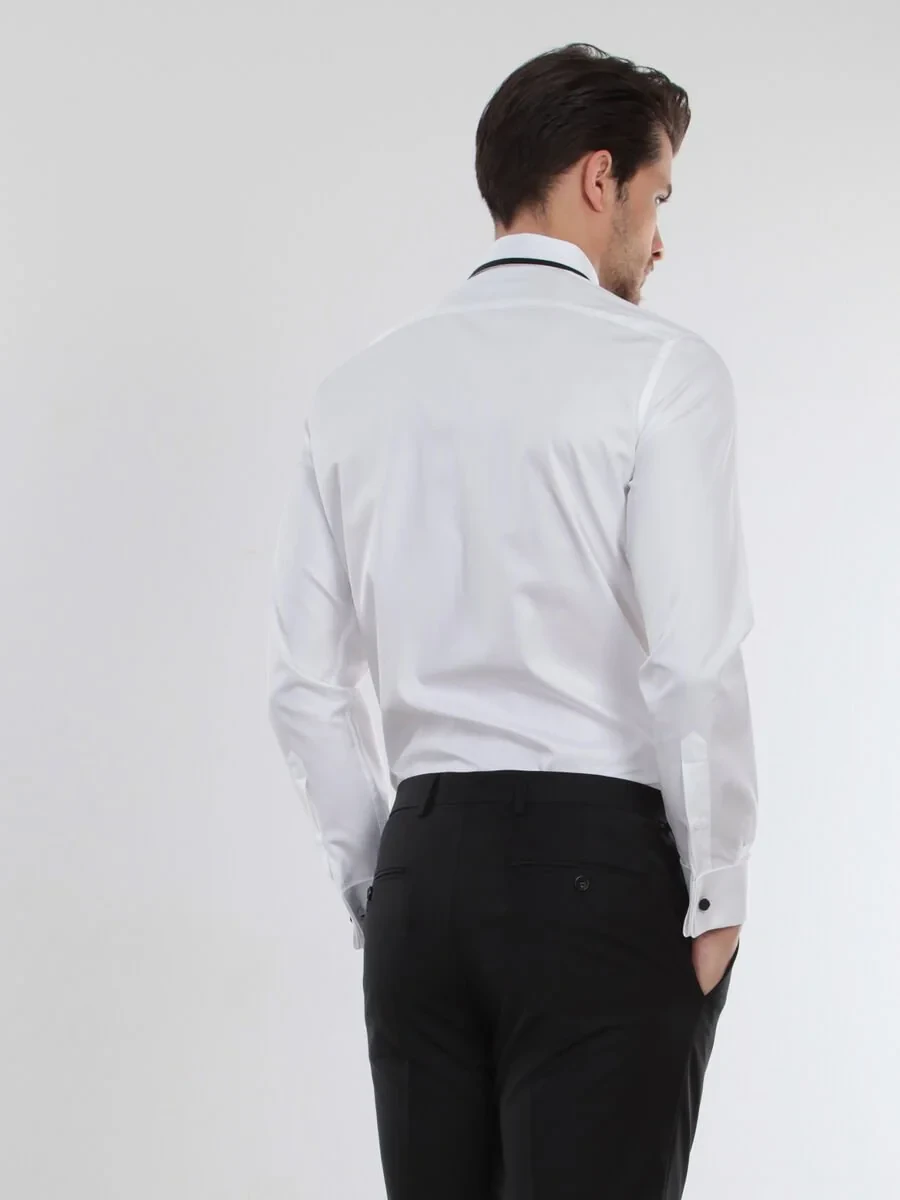 White Plain Slim Fit Double Cuff Classic Collar Tuxedo Shirts - 5