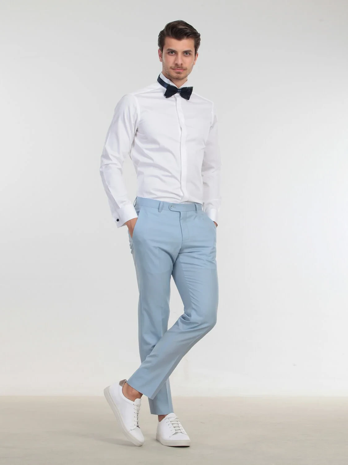 White Plain Slim Fit Double Cuff Wing Collar Tuxedo Shirts - 2