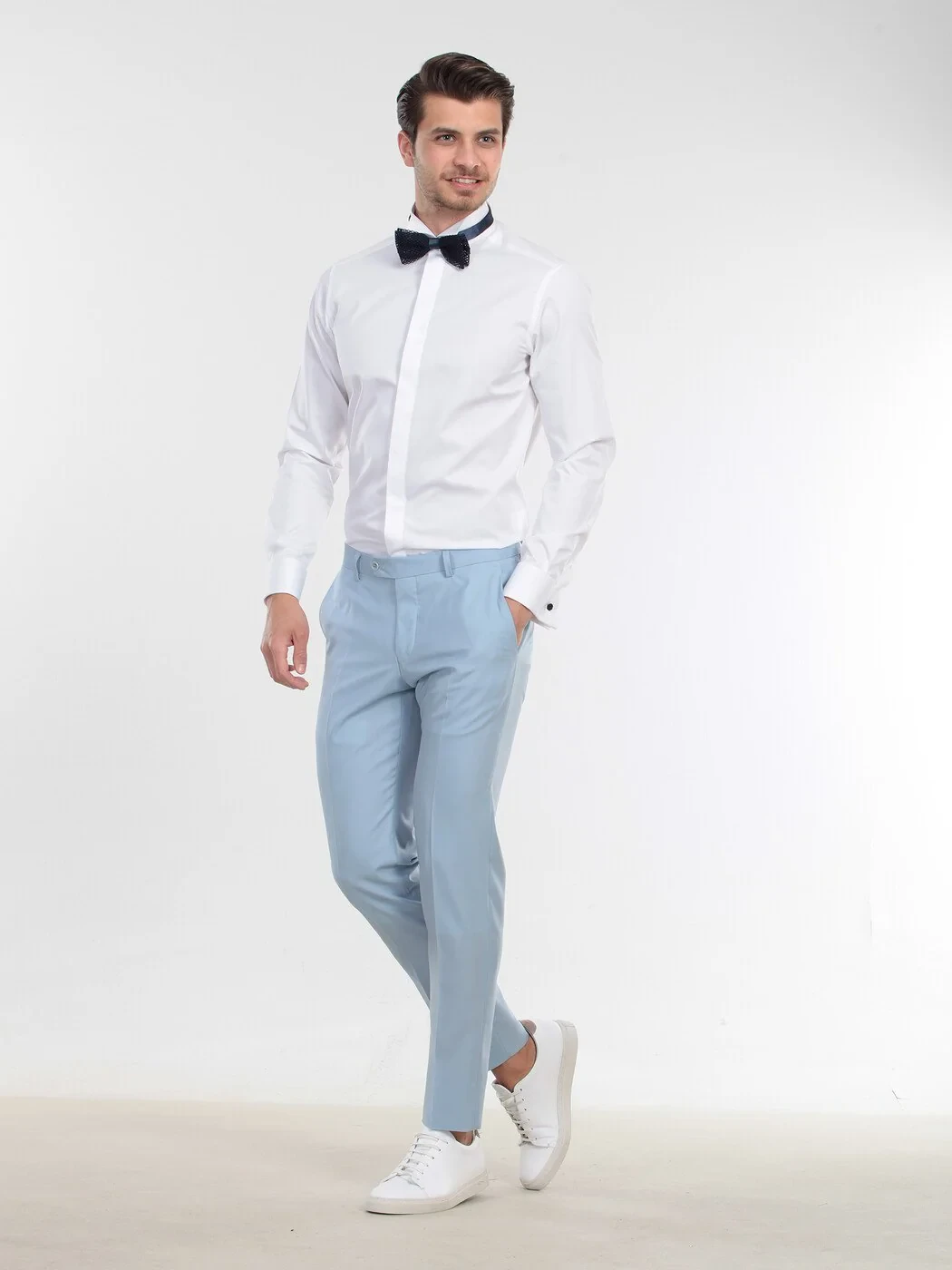 White Plain Slim Fit Double Cuff Wing Collar Tuxedo Shirts - 3