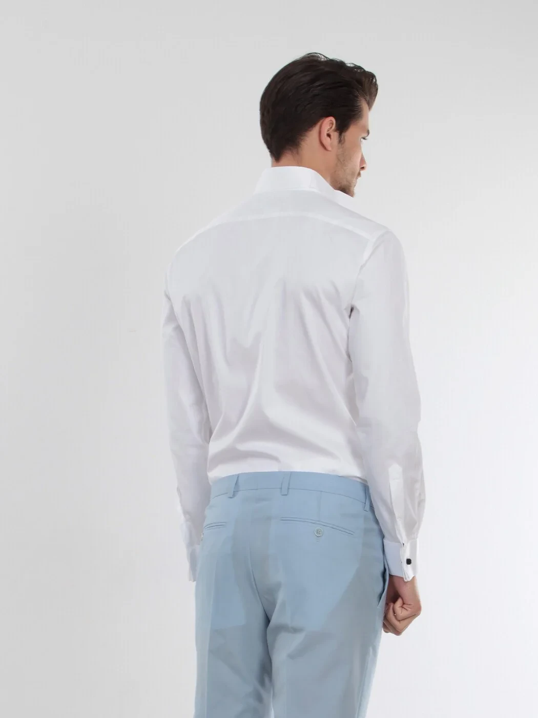 White Plain Slim Fit Double Cuff Wing Collar Tuxedo Shirts - 5