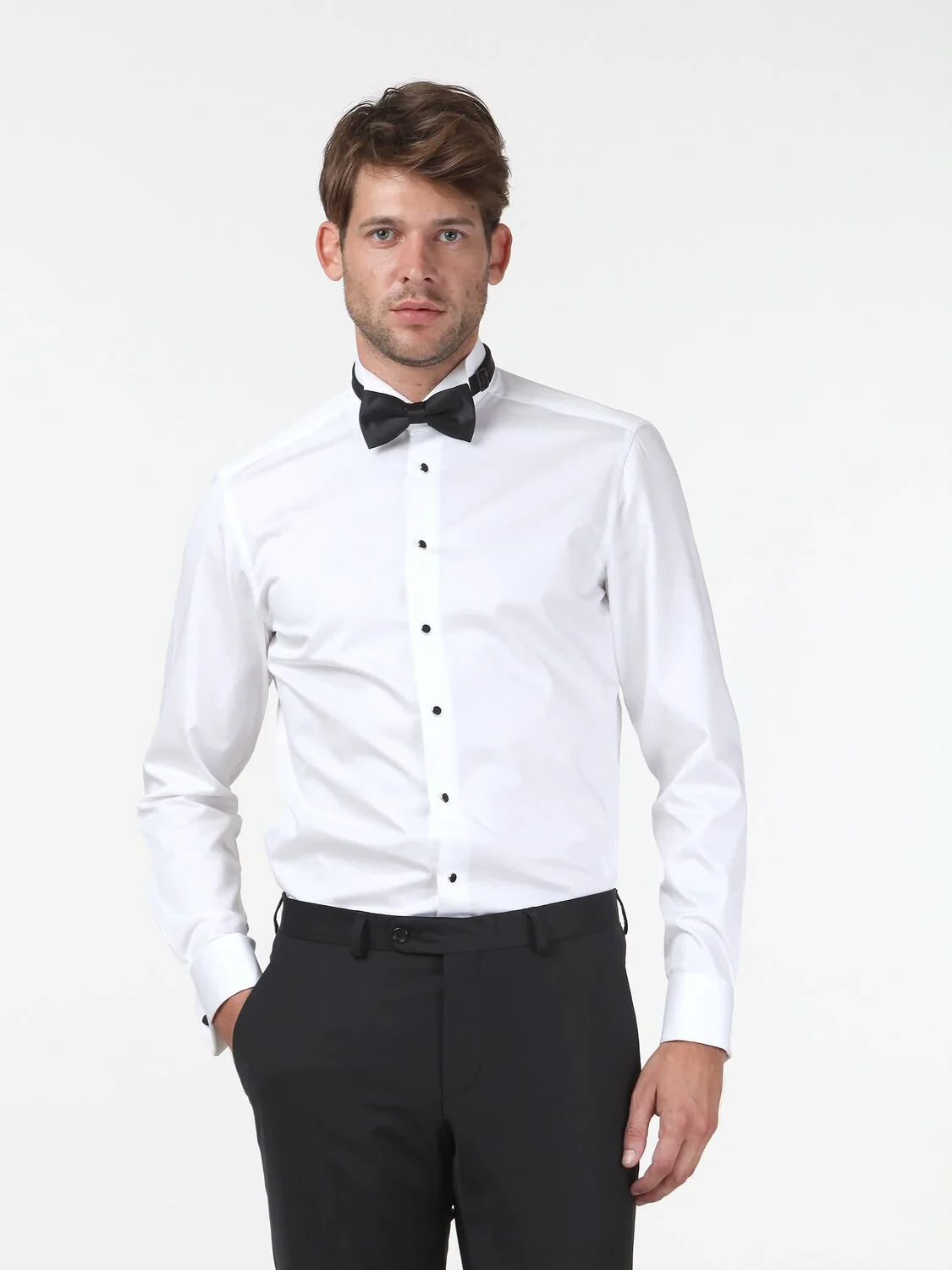 White Plain Slim Fit Double Cuff Wing Collar Tuxedo Shirts - 1
