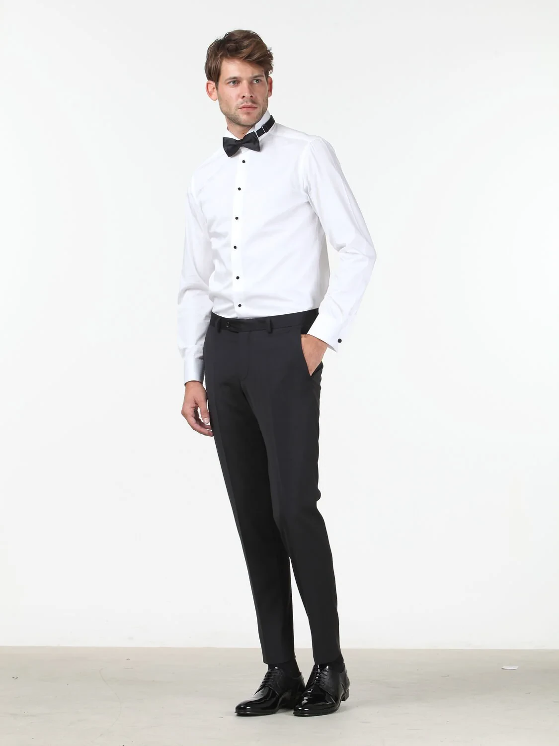 White Plain Slim Fit Double Cuff Wing Collar Tuxedo Shirts - 2