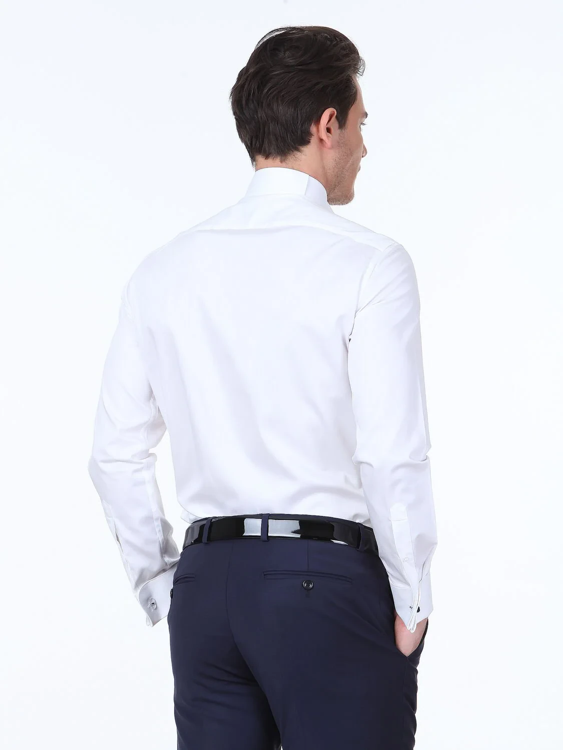 White Plain Slim Fit Double Cuff Wing Collar Tuxedo Shirts - 4