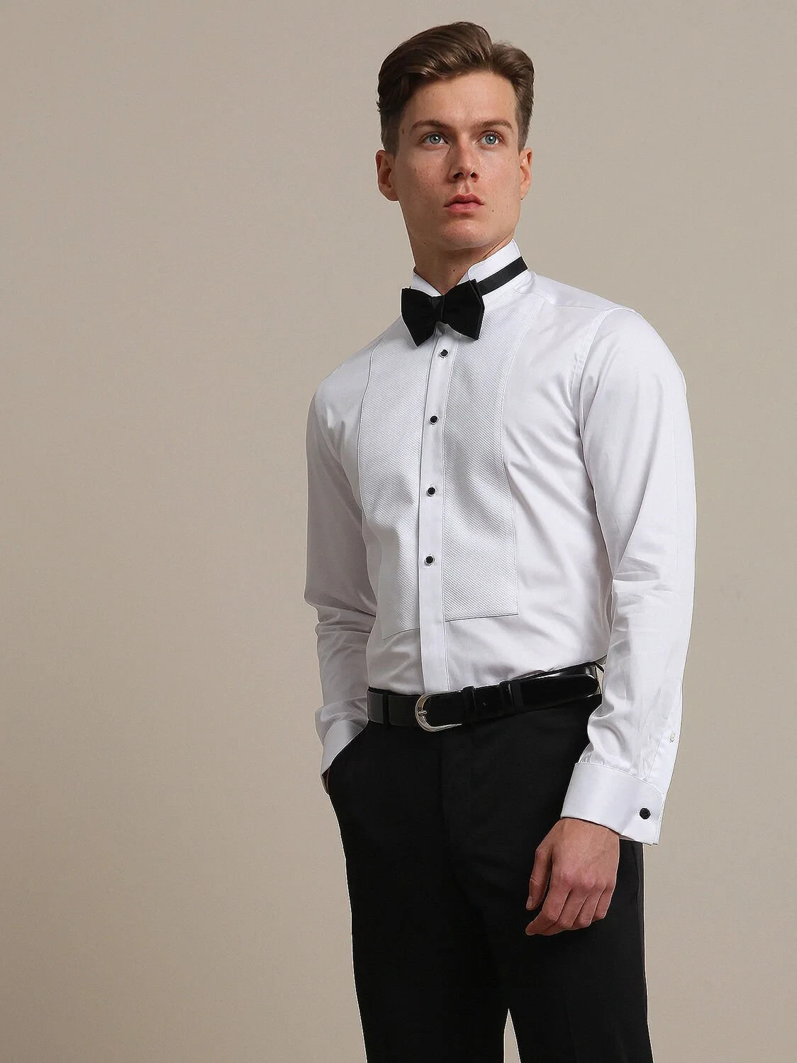 White Plain Slim Fit Double Cuff Wing Collar Tuxedo Shirts - 3