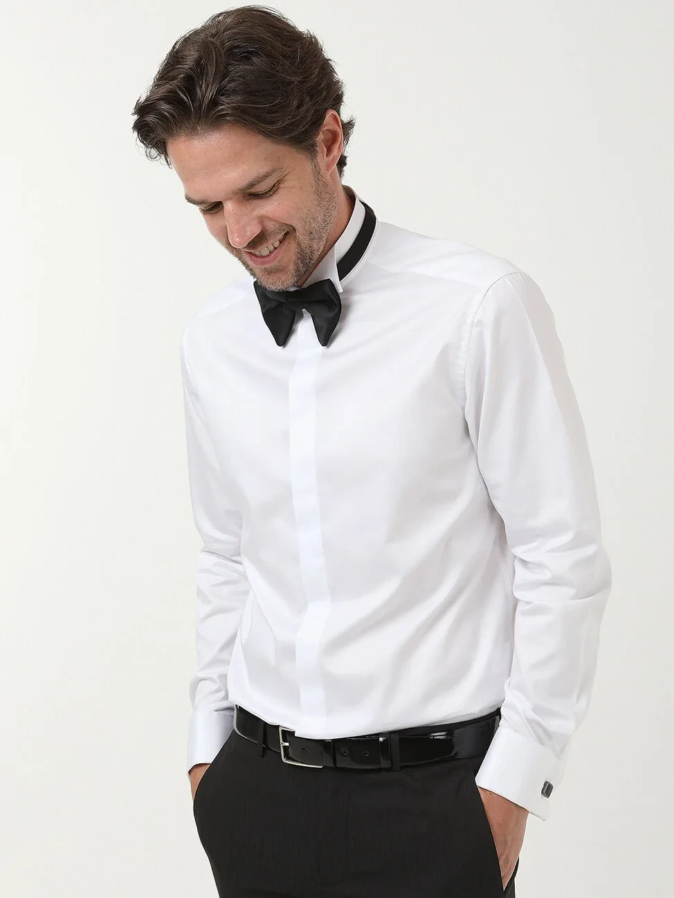 White Plain Slim Fit Double Cuff Wing Collar Tuxedo Shirts - 1