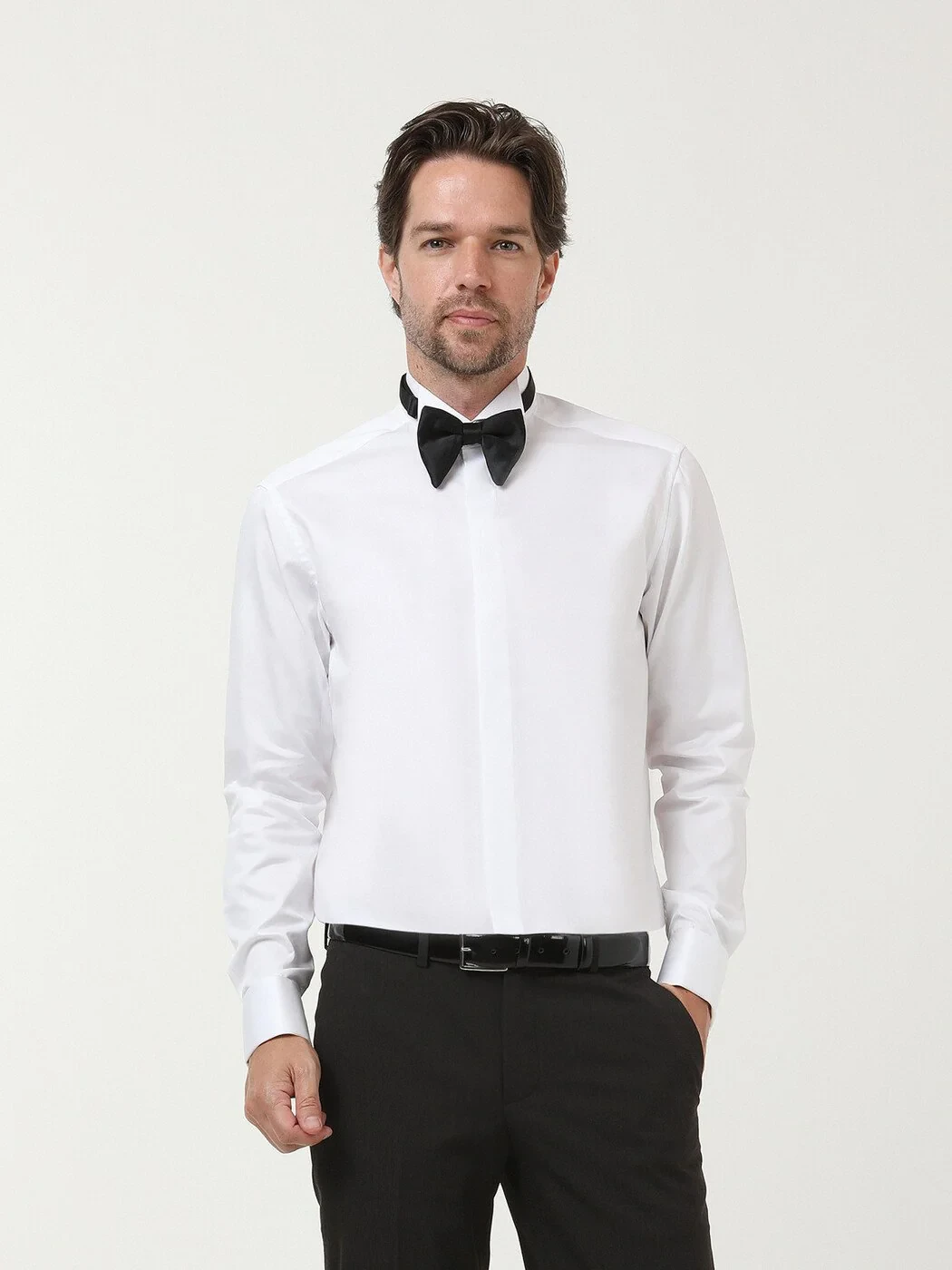 White Plain Slim Fit Double Cuff Wing Collar Tuxedo Shirts - 3