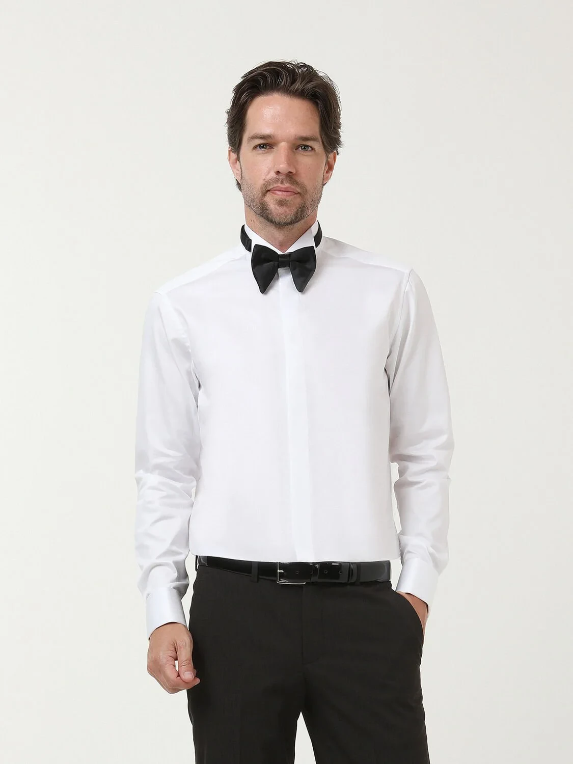 White Plain Slim Fit Double Cuff Wing Collar Tuxedo Shirts - 3
