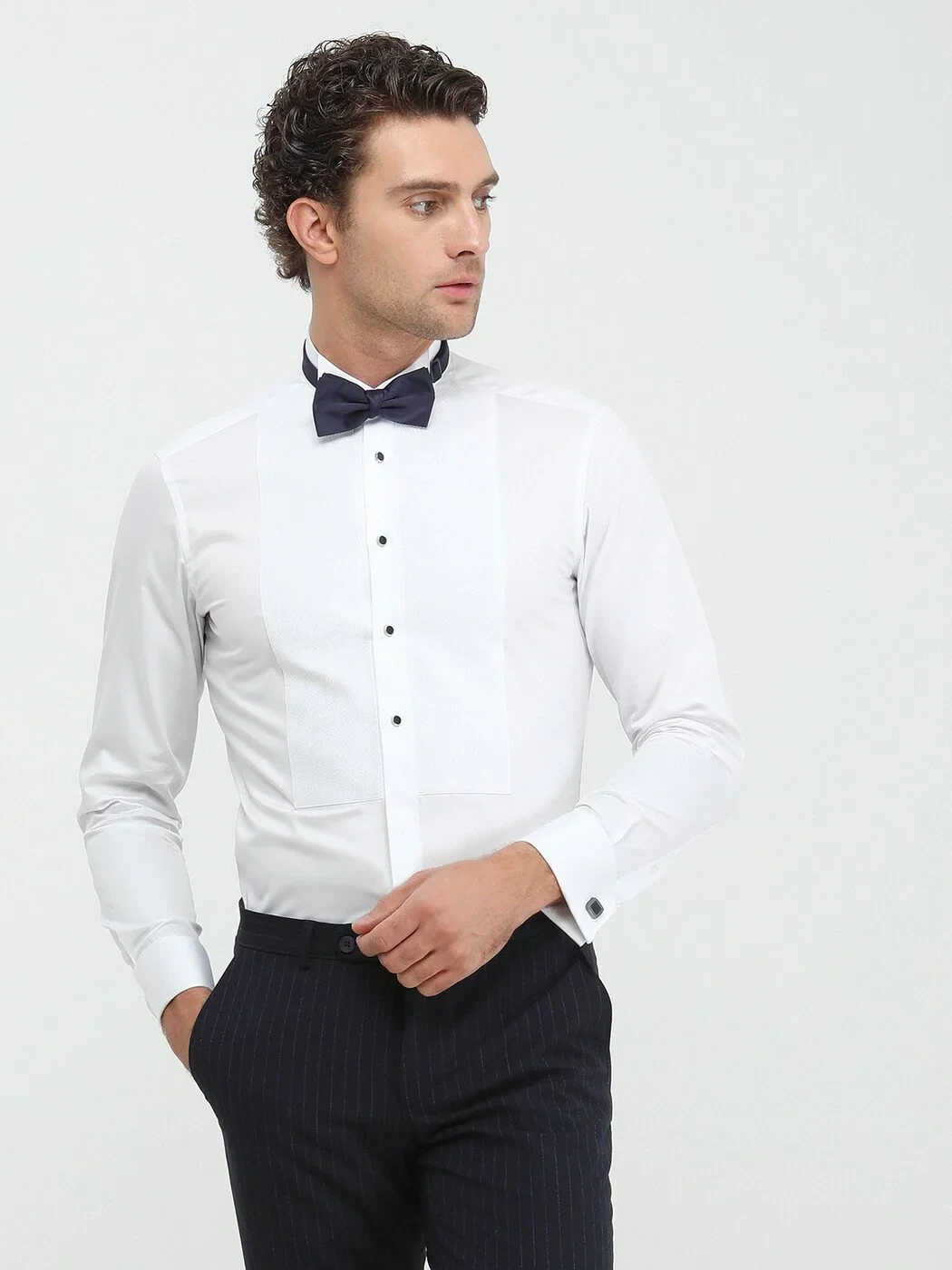 White Plain Slim Fit Double Cuff Wing Collar Tuxedo Shirts - 1