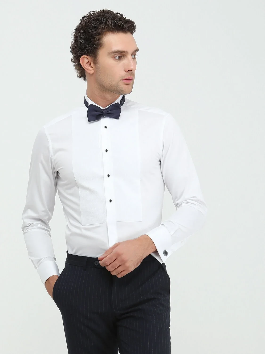 White Plain Slim Fit Double Cuff Wing Collar Tuxedo Shirts - 1