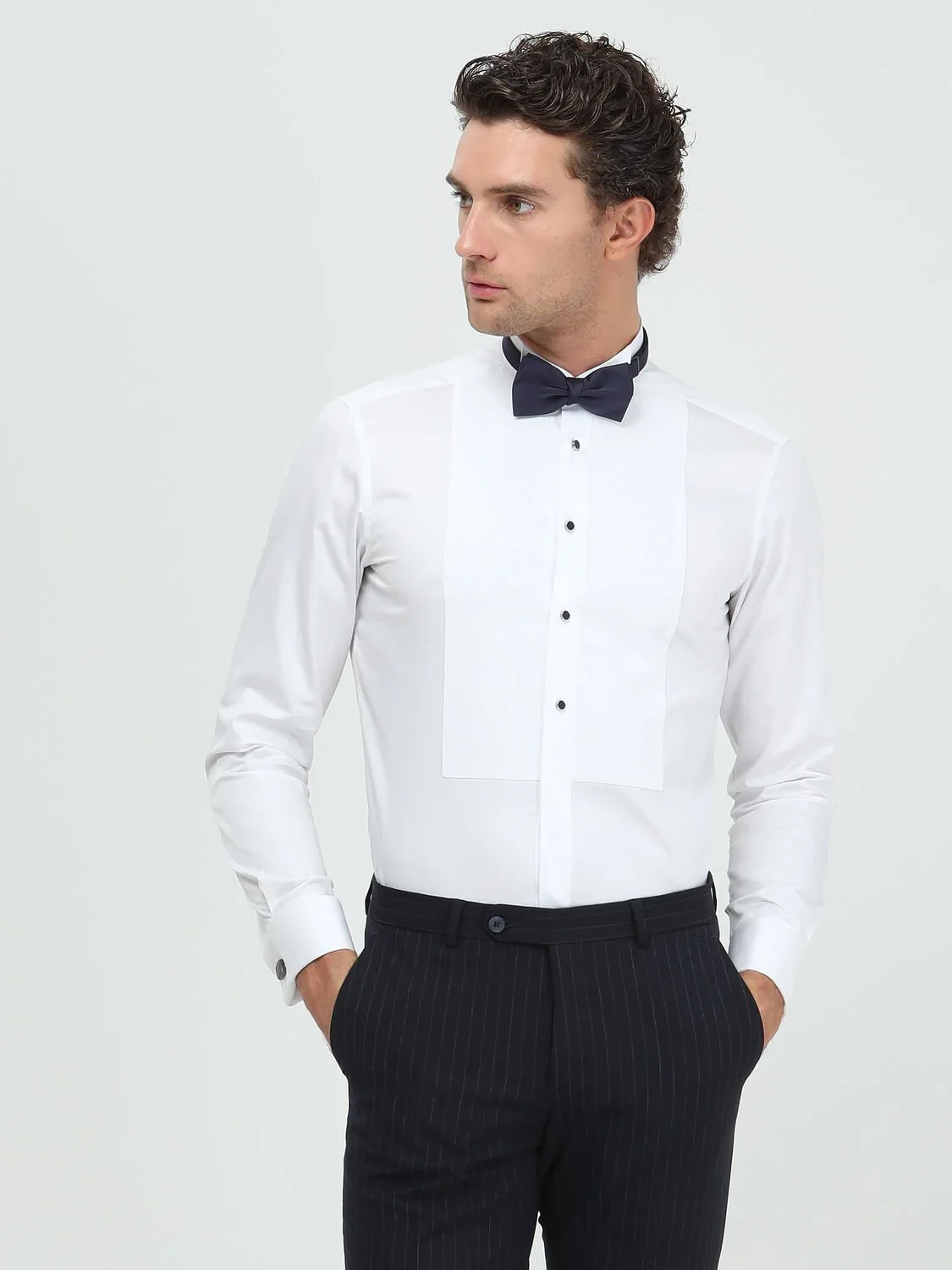 White Plain Slim Fit Double Cuff Wing Collar Tuxedo Shirts - 2