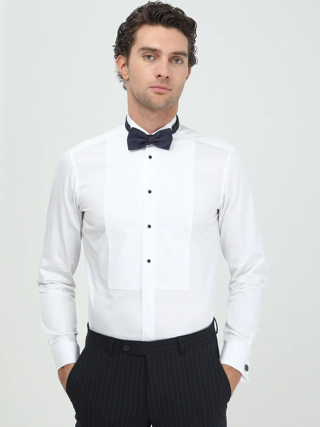White Plain Slim Fit Double Cuff Wing Collar Tuxedo Shirts - 3