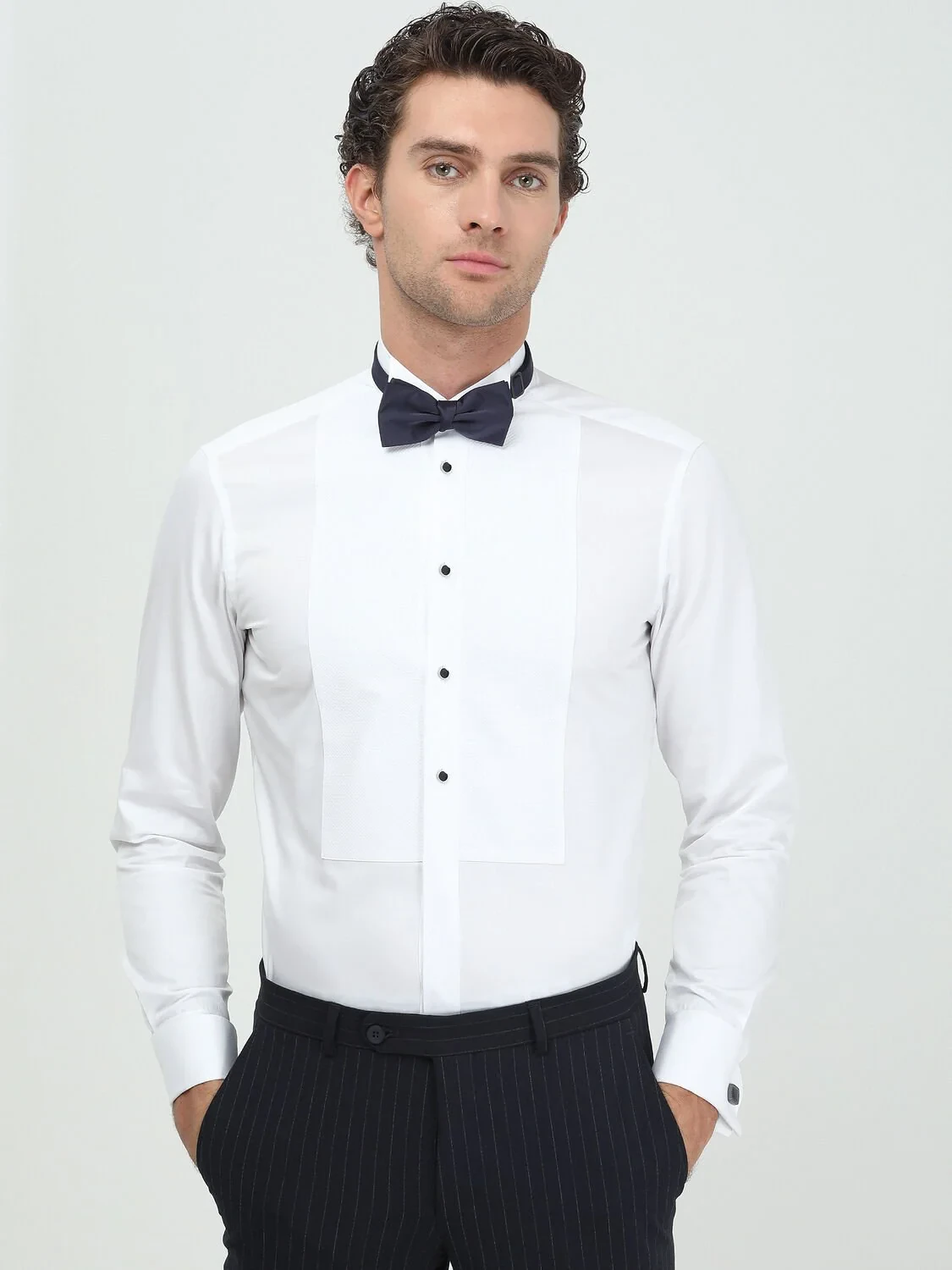 White Plain Slim Fit Double Cuff Wing Collar Tuxedo Shirts - 3