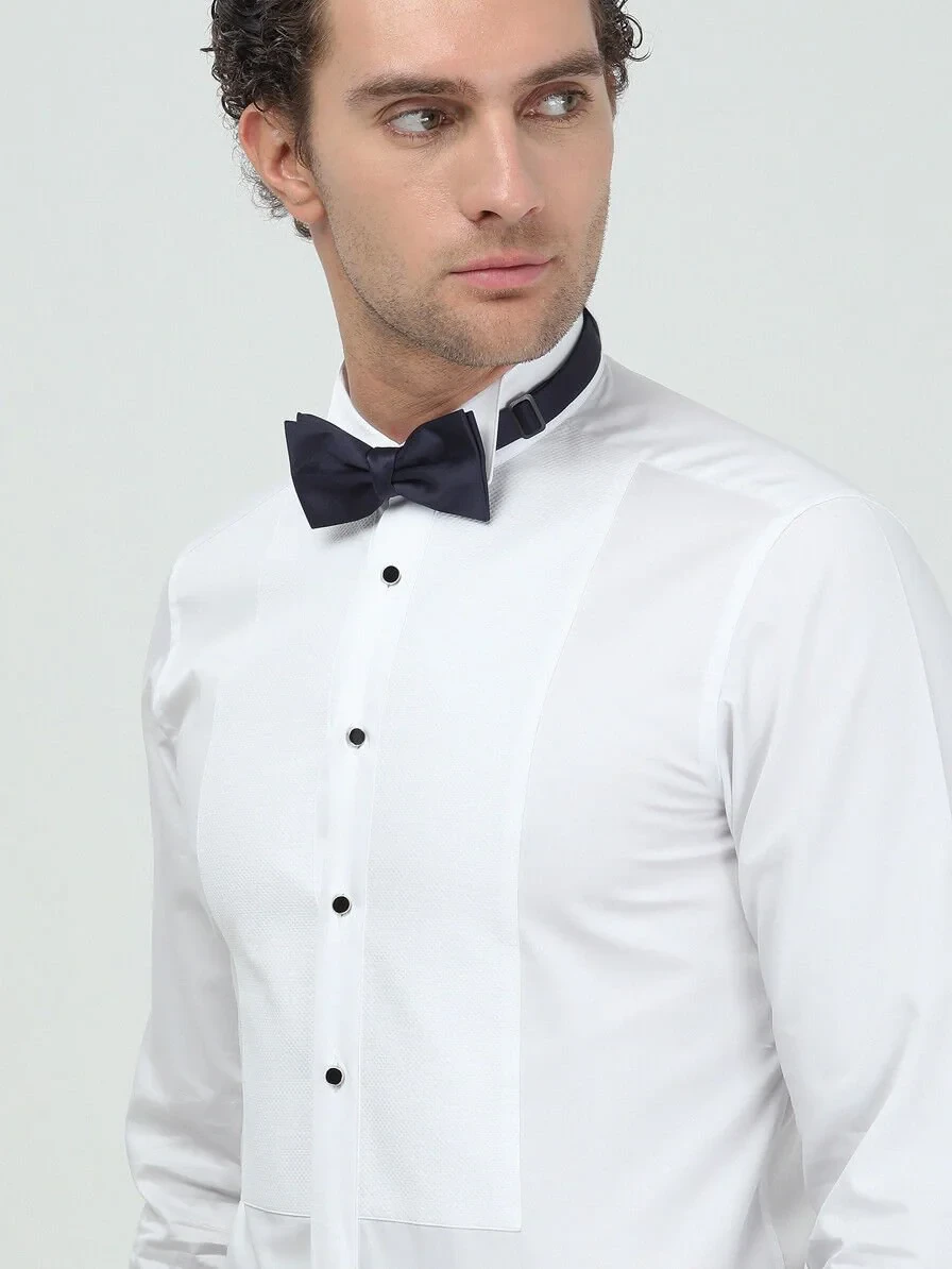 White Plain Slim Fit Double Cuff Wing Collar Tuxedo Shirts - 4