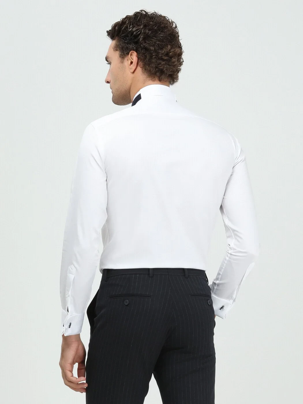 White Plain Slim Fit Double Cuff Wing Collar Tuxedo Shirts - 5