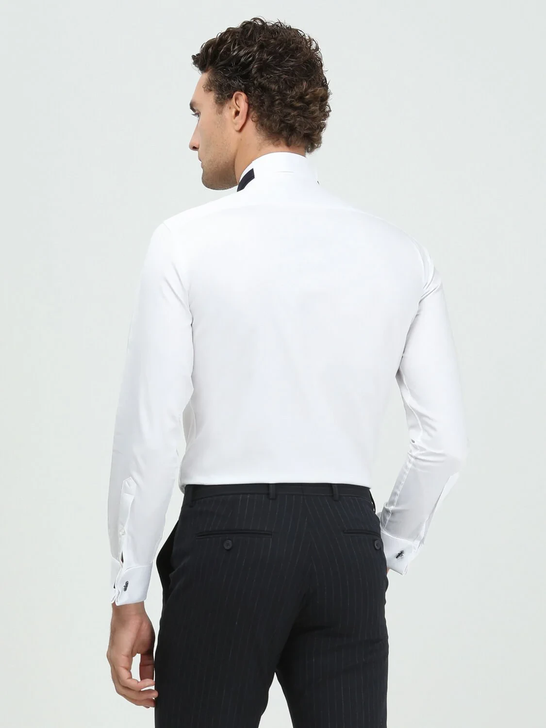 White Plain Slim Fit Double Cuff Wing Collar Tuxedo Shirts - 5