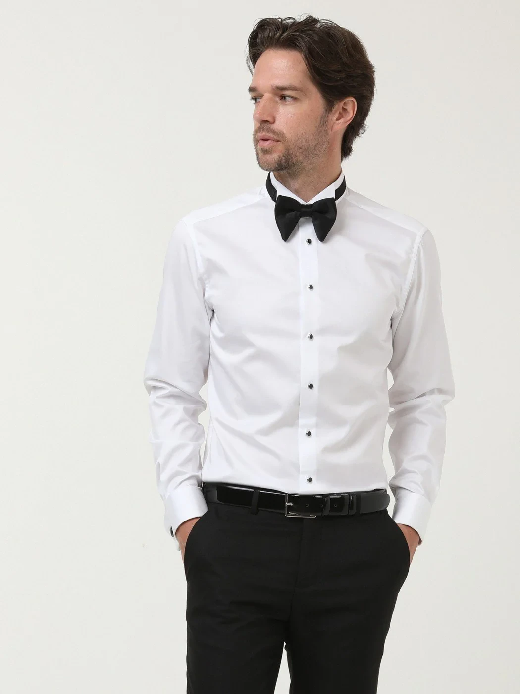 White Plain Slim Fit Double Cuff Wing Collar Tuxedo Shirts - 2