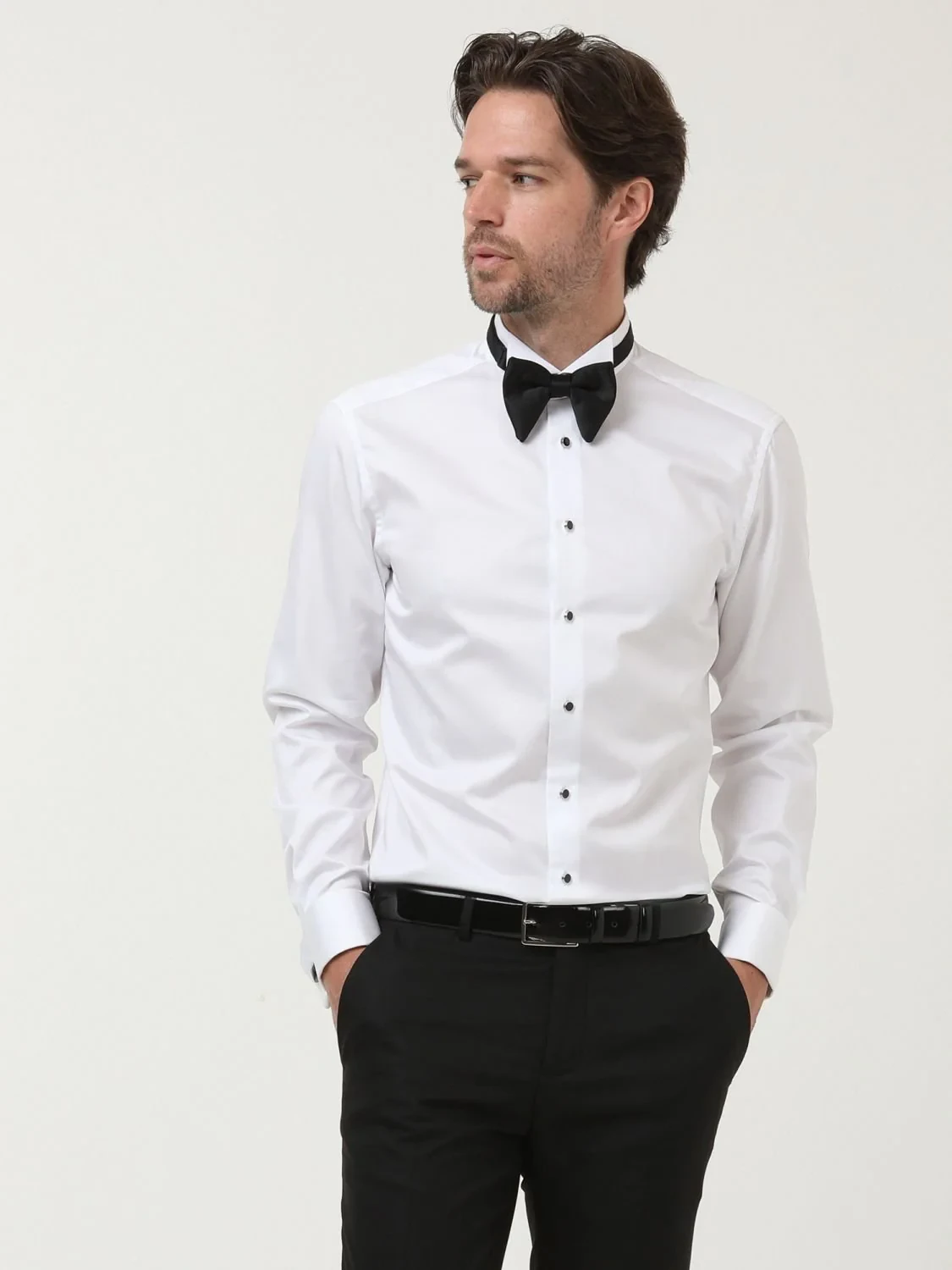 White Plain Slim Fit Double Cuff Wing Collar Tuxedo Shirts - 2