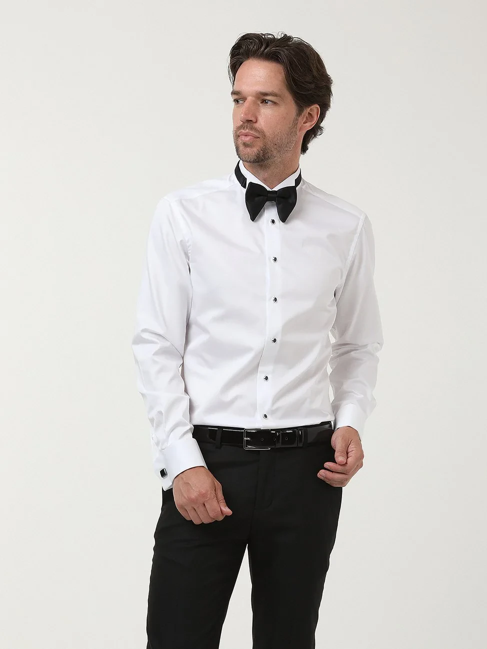 White Plain Slim Fit Double Cuff Wing Collar Tuxedo Shirts - 3