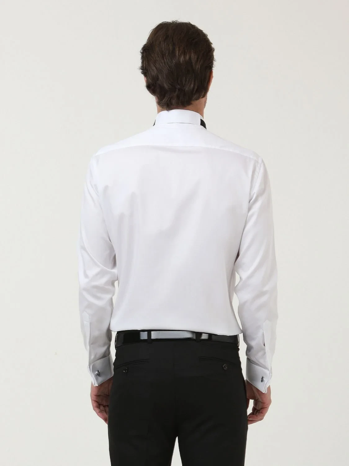 White Plain Slim Fit Double Cuff Wing Collar Tuxedo Shirts - 4