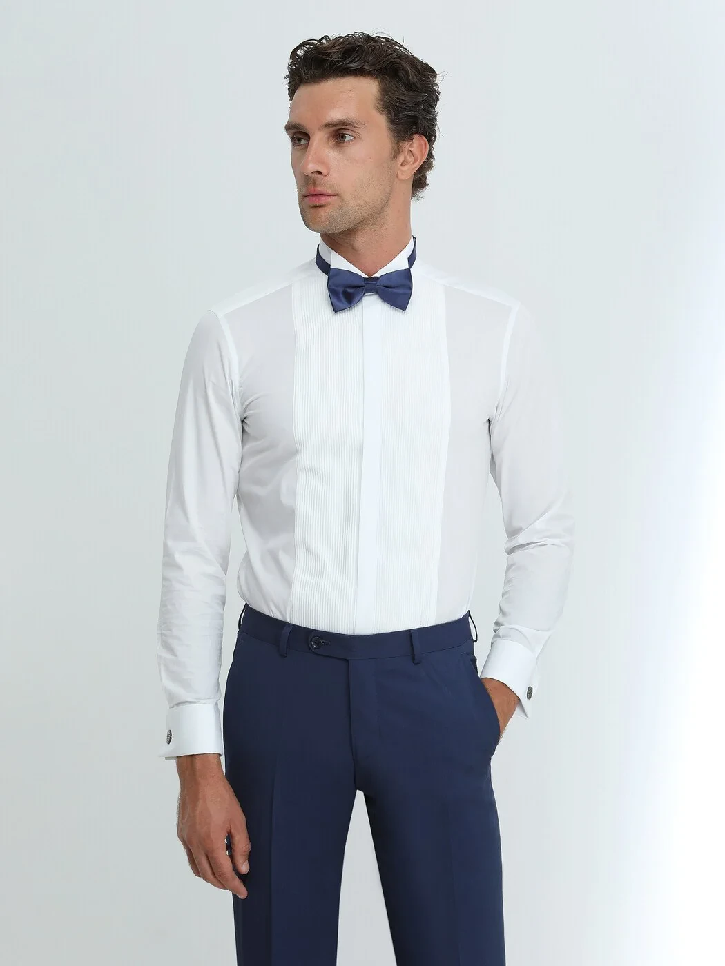 White Plain Slim Fit Double Cuff Wing Collar Tuxedo Shirts - 1