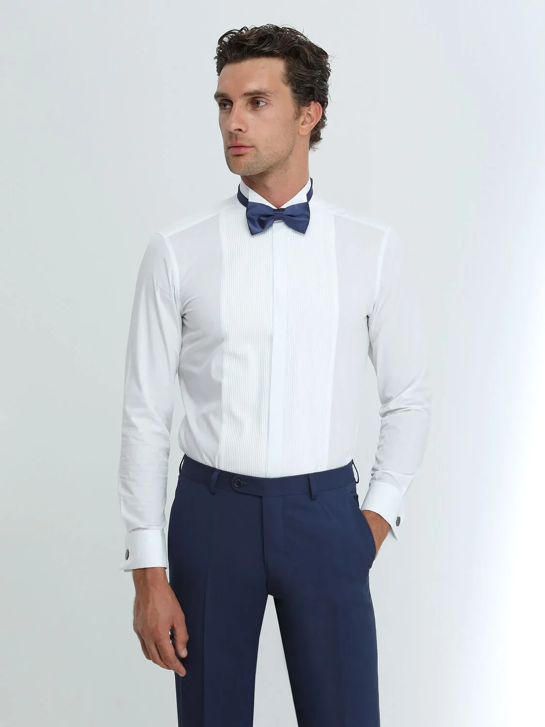 White Plain Slim Fit Double Cuff Wing Collar Tuxedo Shirts - 1