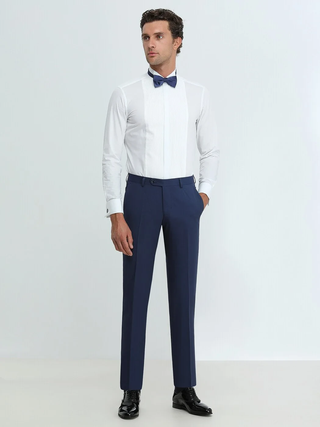 White Plain Slim Fit Double Cuff Wing Collar Tuxedo Shirts - 2