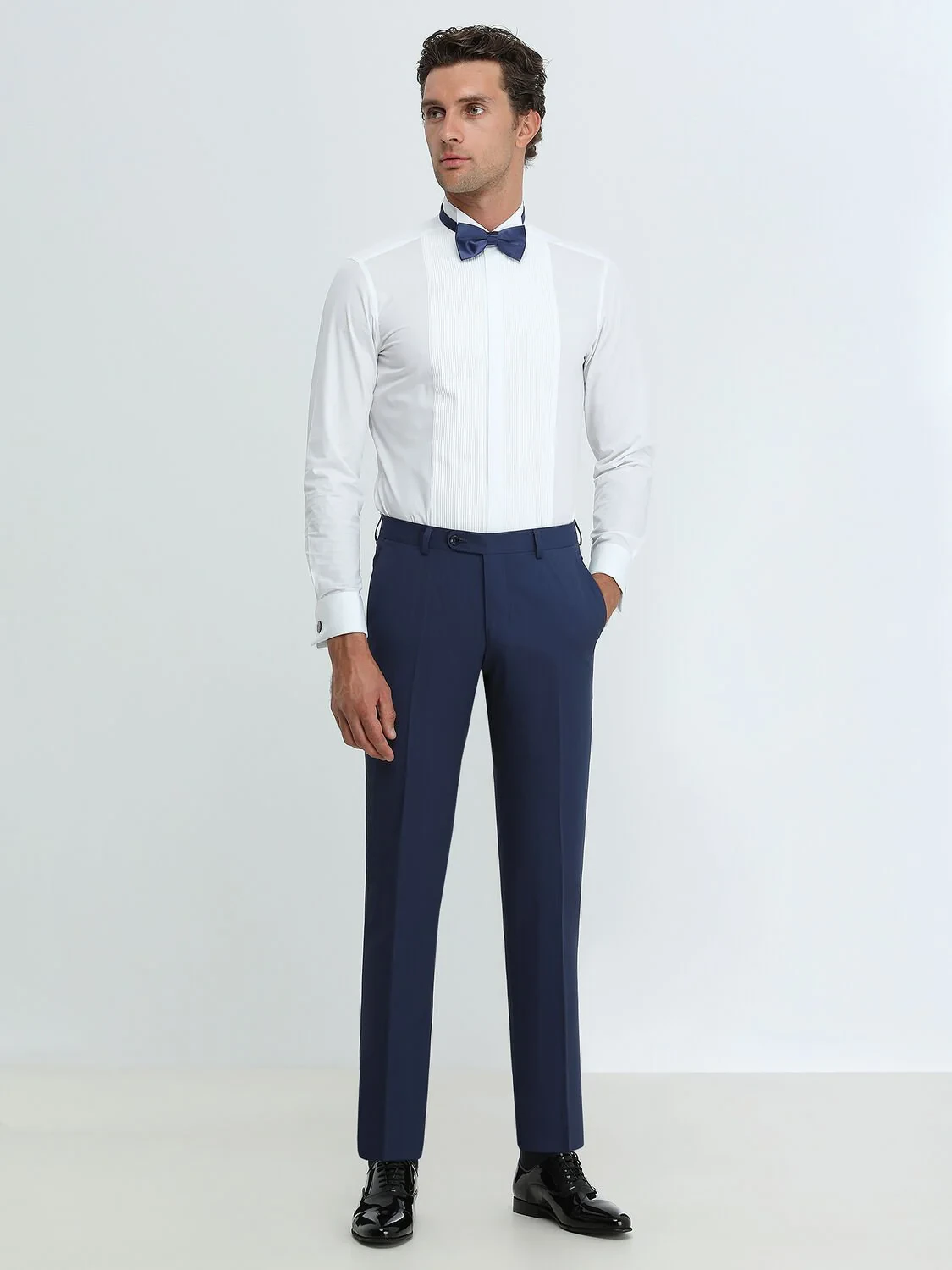 White Plain Slim Fit Double Cuff Wing Collar Tuxedo Shirts - 2