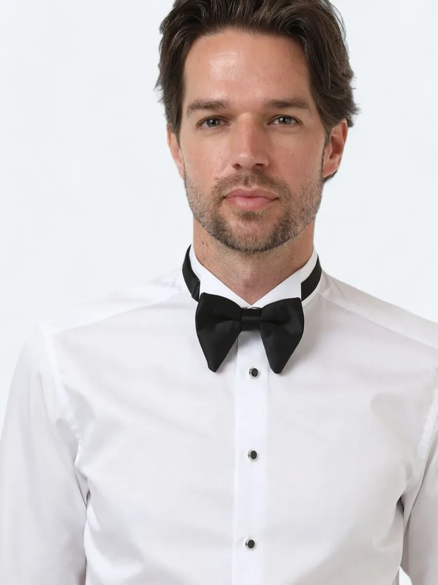 White Plain Slim Fit Double Cuff Wing Collar Tuxedo Shirts - 1