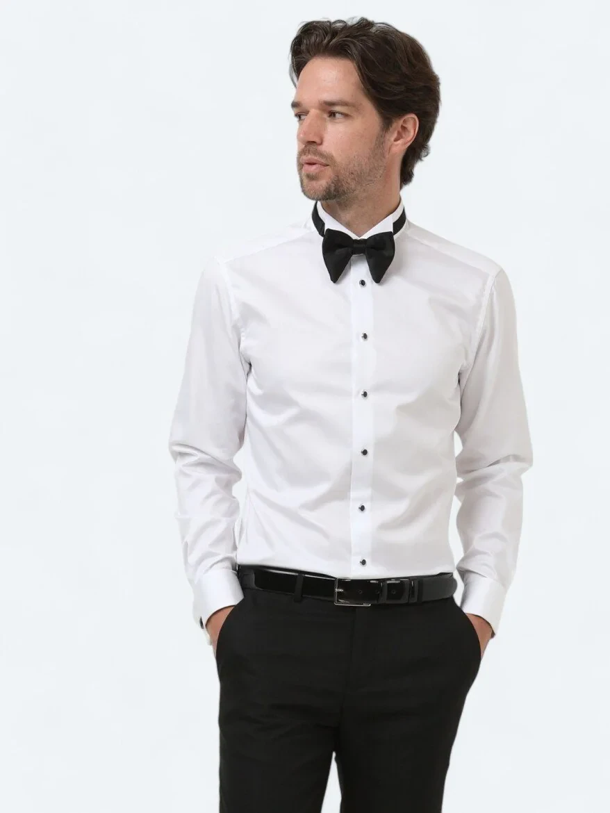White Plain Slim Fit Double Cuff Wing Collar Tuxedo Shirts - 2