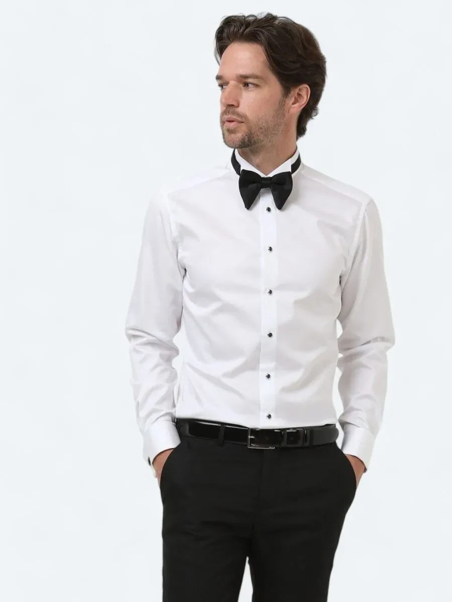 White Plain Slim Fit Double Cuff Wing Collar Tuxedo Shirts - 2