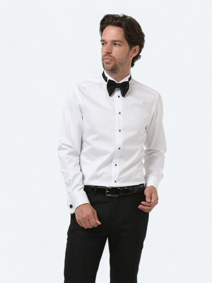 White Plain Slim Fit Double Cuff Wing Collar Tuxedo Shirts - 3