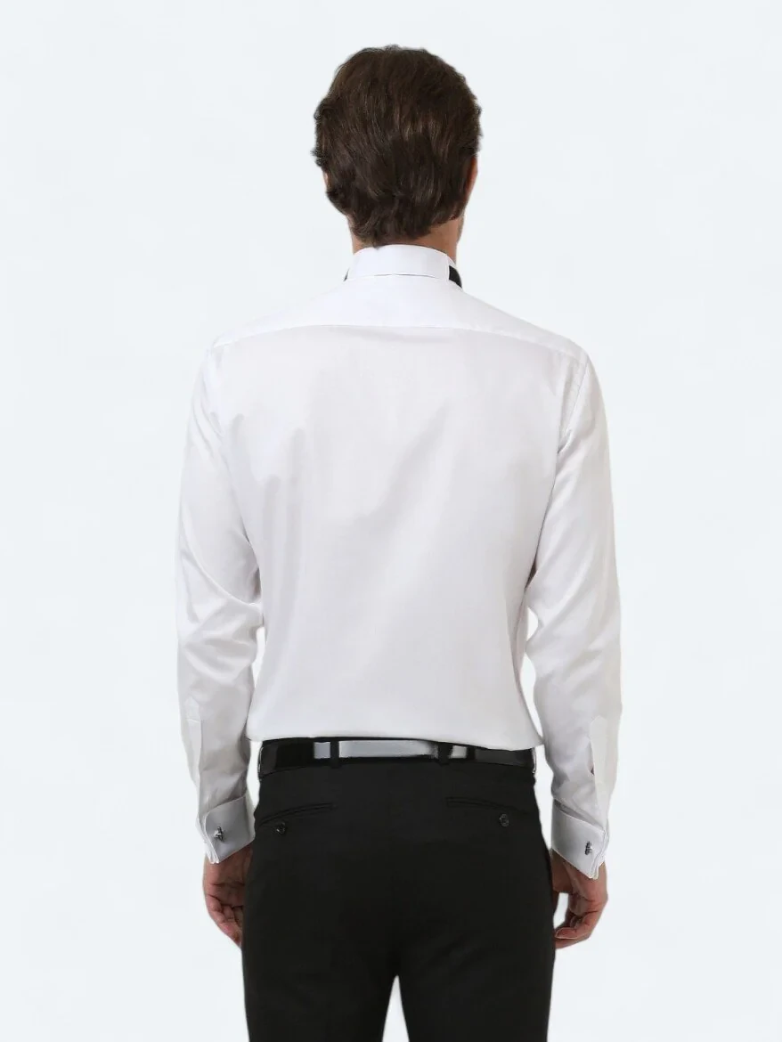 White Plain Slim Fit Double Cuff Wing Collar Tuxedo Shirts - 4