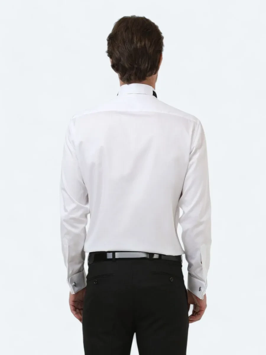 White Plain Slim Fit Double Cuff Wing Collar Tuxedo Shirts - 4