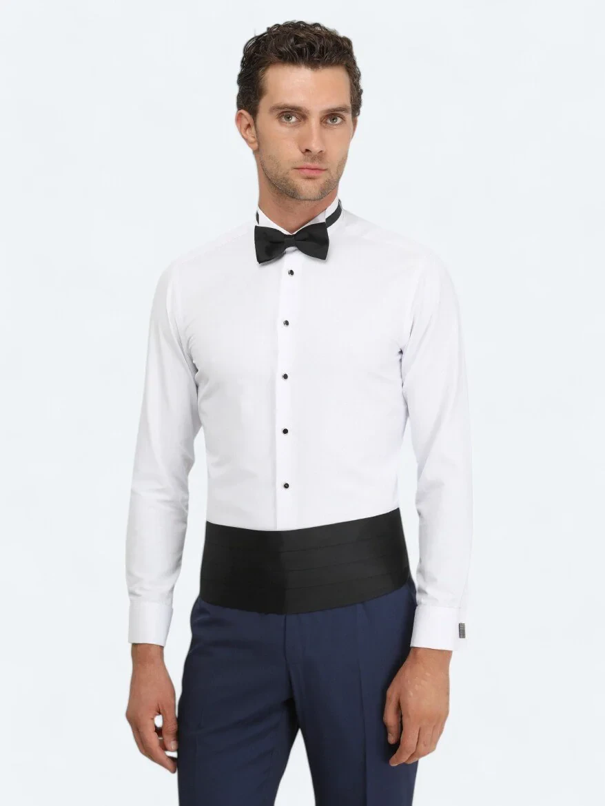 White Plain Slim Fit Double Cuff Wing Collar Tuxedo Shirts - 1